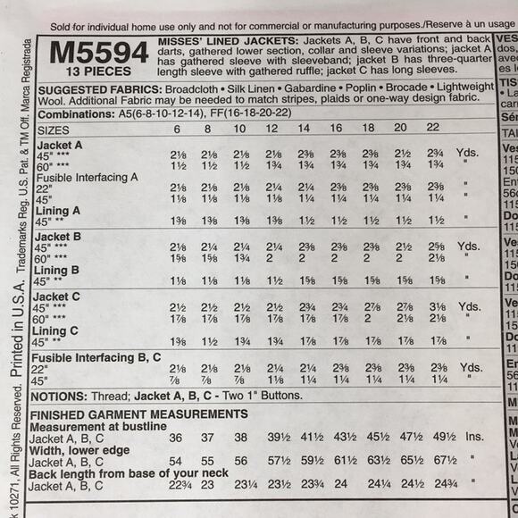 McCall's M5594‎ Misses Lined Blazer Jacket Sewing Pattern Size A5 (6-8-10-12-14) - Picture 8 of 10